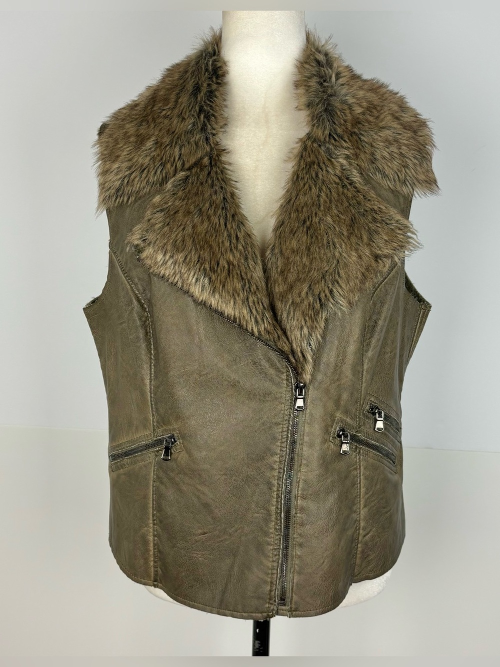 Tribal khaki faux leather and faux fur vest